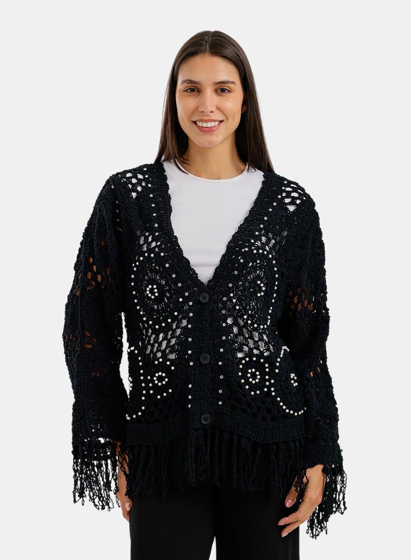 Carina Fringed Crochet Kimono - Image 1