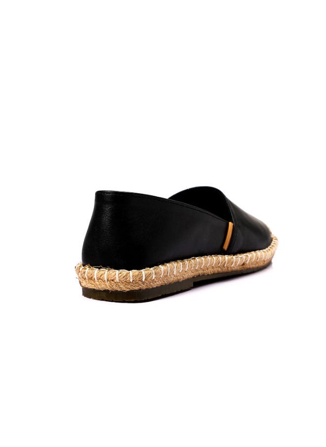 Mr.joe Trendy Genuine Leather Espadrilles With Straw Round Toe - Black  - Image 4