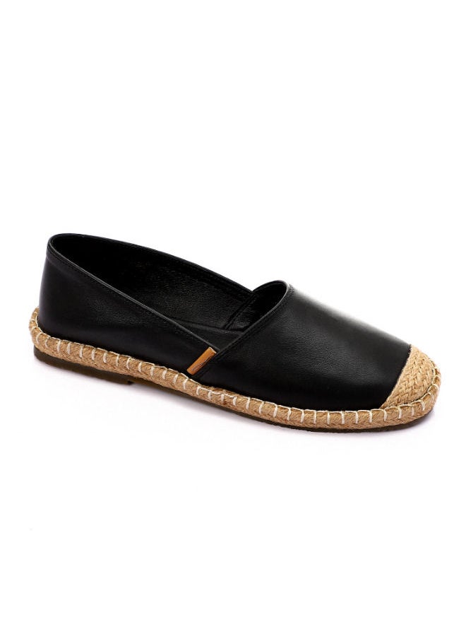 Mr.joe Trendy Genuine Leather Espadrilles With Straw Round Toe - Black  - Image 1