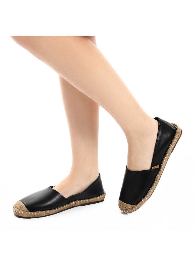 Mr.joe Trendy Genuine Leather Espadrilles With Straw Round Toe - Black  - Image 2