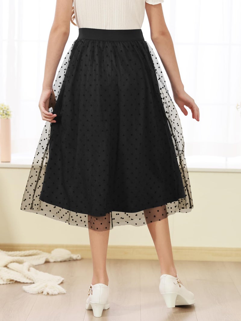 GORLYA Girls Tulle Elastic Waist Elegant A-Line Mesh Tutu Long Skirts for Special Occasions 6-16Years (GOR1249,Black,12Y) - Image 2