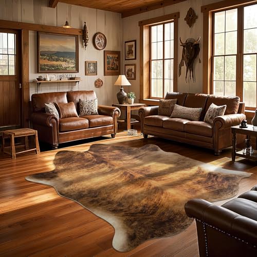B BENRON Western Cowhide Rug, Faux Cow Hide Rugs for Living Room Bedroom Home Decor, Non Slip Cute Rug with Irregular Animal Skins and Hides, Brindle, 4.6 x 5.2ft - Image 1