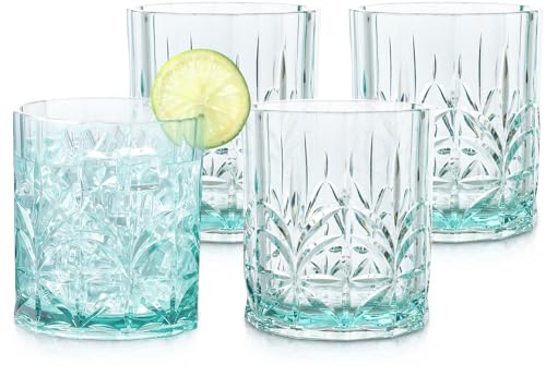 BELLAFORTE Shatterproof Tritan Plastic Short Tumbler, Set of 4, 13oz - Myrtle Beach Unbreakable Crystal Cut Old Fashioned Drinking Glasses for Whiskey - BPA Free - Dishwasher Safe - Teal - Image 1