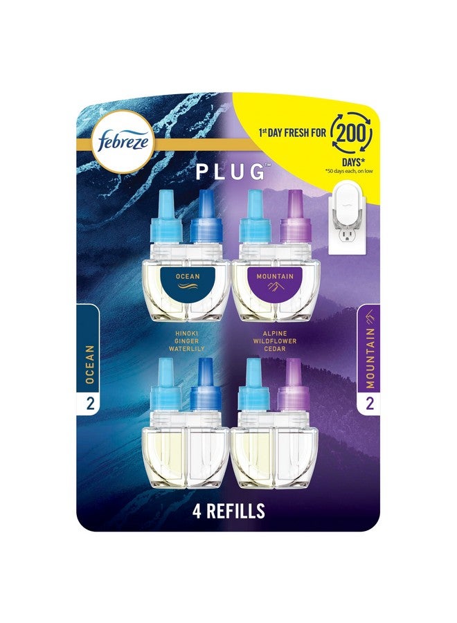 Febreze Plug In Air Freshener, Odor-Fighting Scented Oil Refill, Air Fresheners for Home and Bathroom and Kitchen, Long Lasting for Strong Odors, Ocean & Mountain Scents, 0.87oz Refills, 4 Count - Image 1