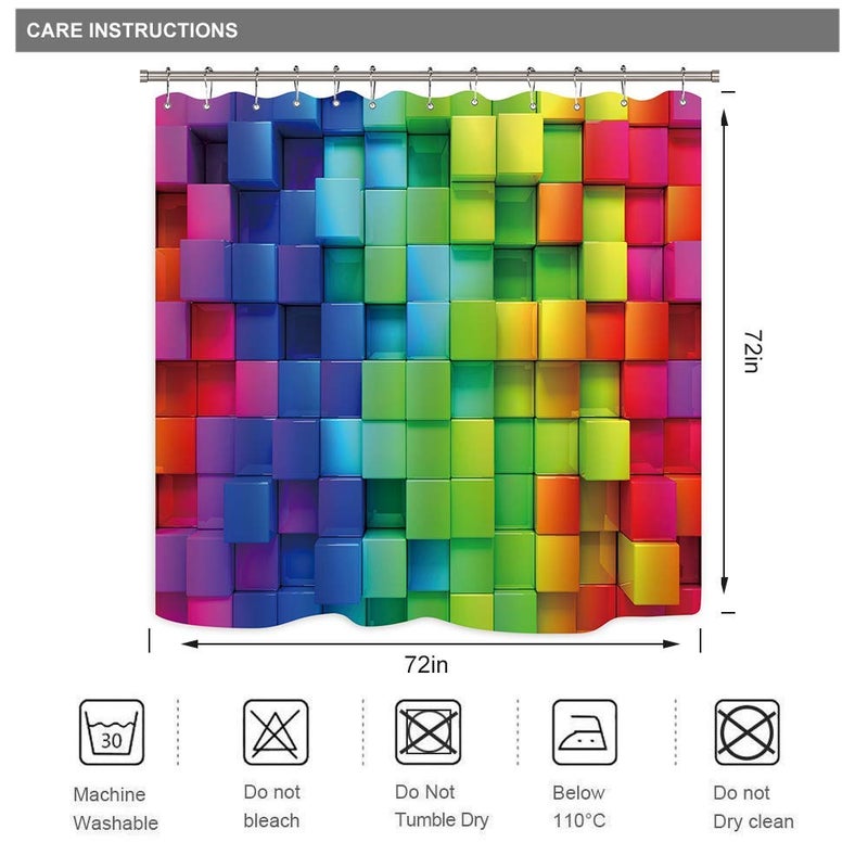 Riyidecor Riyidecor Colorful Rainbow Brick Wall Shower Curtain Bright Geometric Plaid 72Wx72H Inch Abstract Neon 3D Plastic Hooks 12 Pack Colored Decor Fabric Bathroom Set Polyester Waterproof Fabric RY-UACR - Image 4