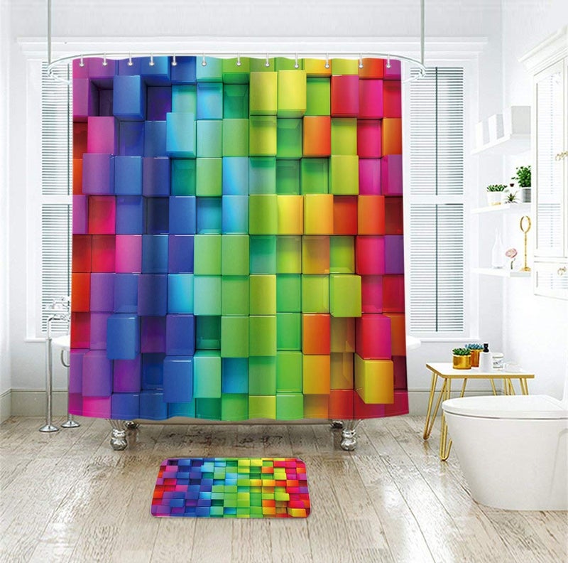 Riyidecor Riyidecor Colorful Rainbow Brick Wall Shower Curtain Bright Geometric Plaid 72Wx72H Inch Abstract Neon 3D Plastic Hooks 12 Pack Colored Decor Fabric Bathroom Set Polyester Waterproof Fabric RY-UACR - Image 2
