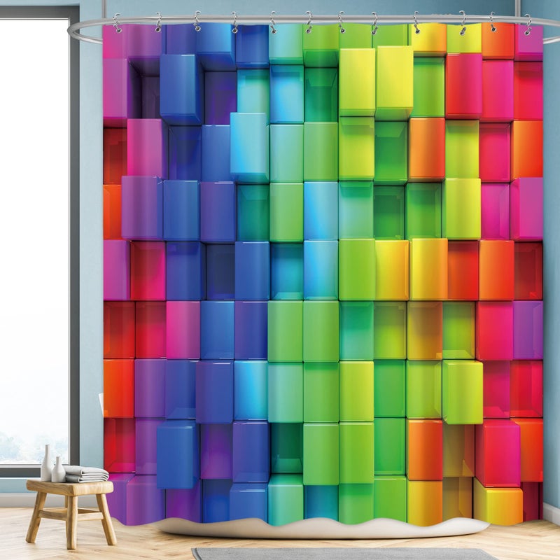 Riyidecor Riyidecor Colorful Rainbow Brick Wall Shower Curtain Bright Geometric Plaid 72Wx72H Inch Abstract Neon 3D Plastic Hooks 12 Pack Colored Decor Fabric Bathroom Set Polyester Waterproof Fabric RY-UACR - Image 1