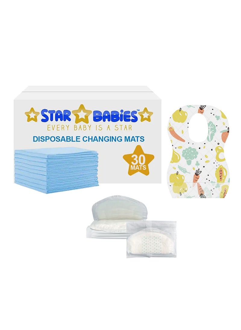 Star Babies Combo Pack (Disposable Changing mat 30pcs, Disposable Bibs 30pcs with  Disposable Breast Pad 5pcs) - Blue - Image 1