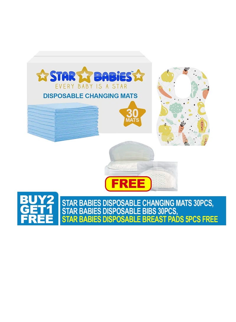Star Babies Combo Pack (Disposable Changing mat 30pcs, Disposable Bibs 30pcs with  Disposable Breast Pad 5pcs) - Blue - Image 2