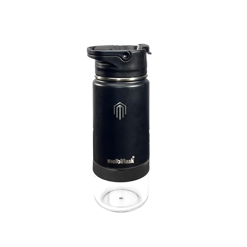 Melbify Melbiflask Mini 2 in 1 Everyday Flask with Snack Compartment 500 ml Black Hot 12 HrsCold 24 Hrs Wide Mouth Easy Flip Lid BPAFree Fits in BagCar Ideal for School Work Gym