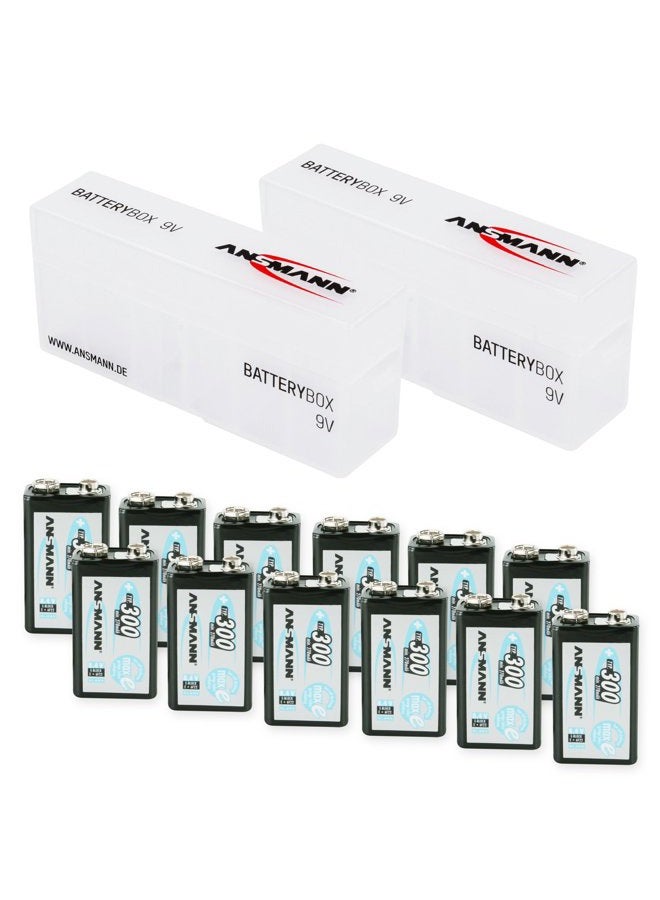 ANSMANN Rechargeable 9V Battery 300mAh pre-Charged Low Self Discharge 9Volt NiMH Rechargeable Battery (12-Pack) + 2X Batterybox for 9V - Image 1