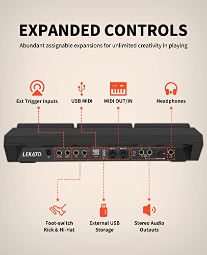 LEKATO Percussion Sample Pad, Electric Drum Pad with 9 Velocity-Sensitive Drum Pad, 592+ Sounds, Electronic Drum Set Pad Multipad with MIDI out, USB MIDI, AUX, Looper, Metronome, Trigger inputs - Image 4