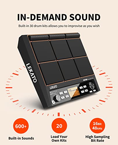 LEKATO Percussion Sample Pad, Electric Drum Pad with 9 Velocity-Sensitive Drum Pad, 592+ Sounds, Electronic Drum Set Pad Multipad with MIDI out, USB MIDI, AUX, Looper, Metronome, Trigger inputs - Image 2