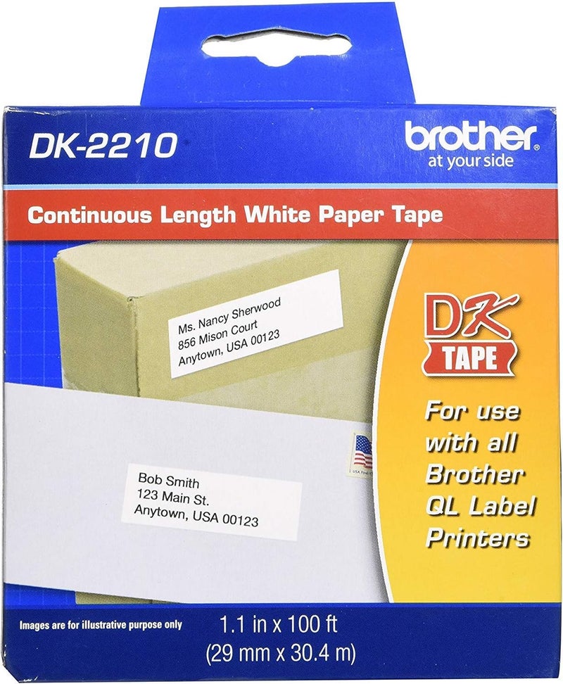 Genuine DK-2210 Continuous Length Black on White Paper Tape for QL Label Printers, 1.1" x 100' (29mm x 30.4M), 1 Roll per Box, DK2210, Pack of 6