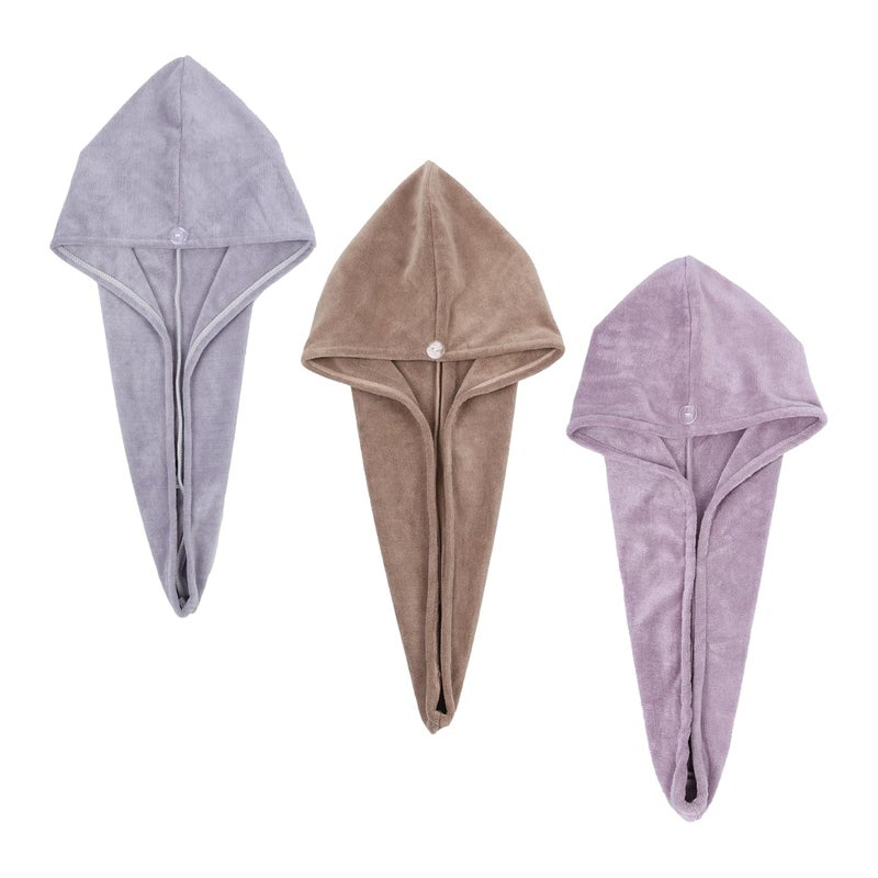 HOUSSE Microfibre Head Towels, 450 GSM, 25x65 cms, Set of 3, for Girls and Women (Dapple Grey, Rustic Chestnut,Nirvana Purple) - Image 1