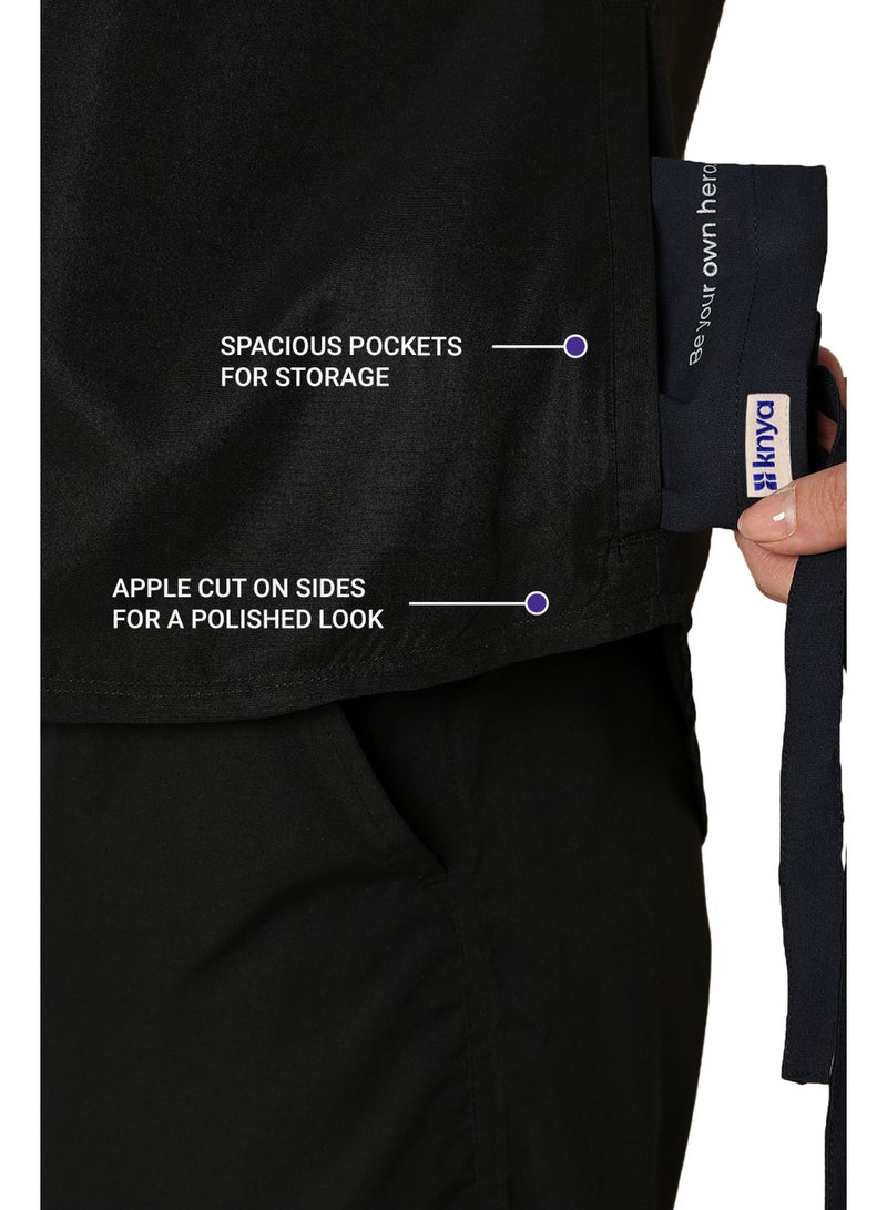 KNYA بدلة طبية نسائية كلاسيكية من Knya بخمسة جيوب وياقة صينية | قصة عادية | أكمام قصيرة | للأطباء | (مقاس L، أسود) - Image 3