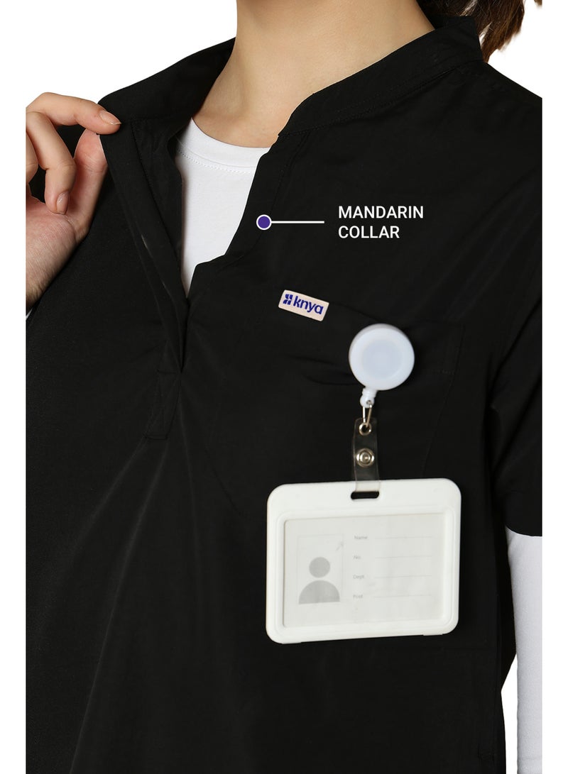 KNYA بدلة طبية نسائية كلاسيكية من Knya بخمسة جيوب وياقة صينية | قصة عادية | أكمام قصيرة | للأطباء | (مقاس L، أسود) - Image 5