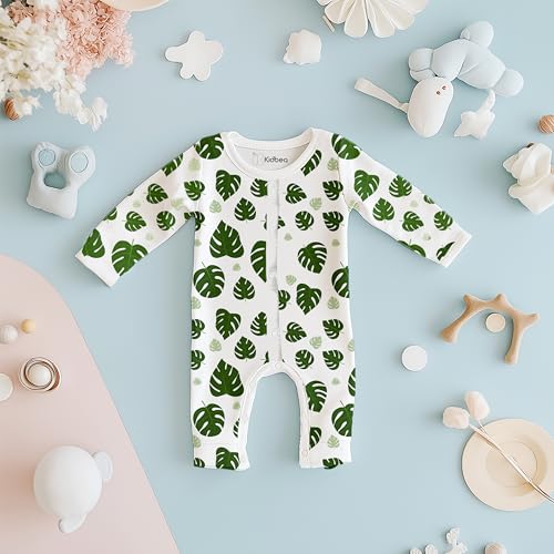 Kidbea® 100% Cotton Romper Jumpsuit Night Suits for Infants Newborn Baby Boys & Girls Leaf Printed With Green Color Size 0-3 Months - Image 2