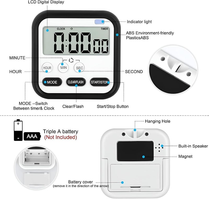 WOX MOX WOX MOX Digital Kitchen Timer Stopwatch Large Digit Countdown Loud Alarm Magnetic Back Stand Ideal for Cooking Baking Stopwatch Timer for Study Without Batteries 1pc Multicolor  - Image 4