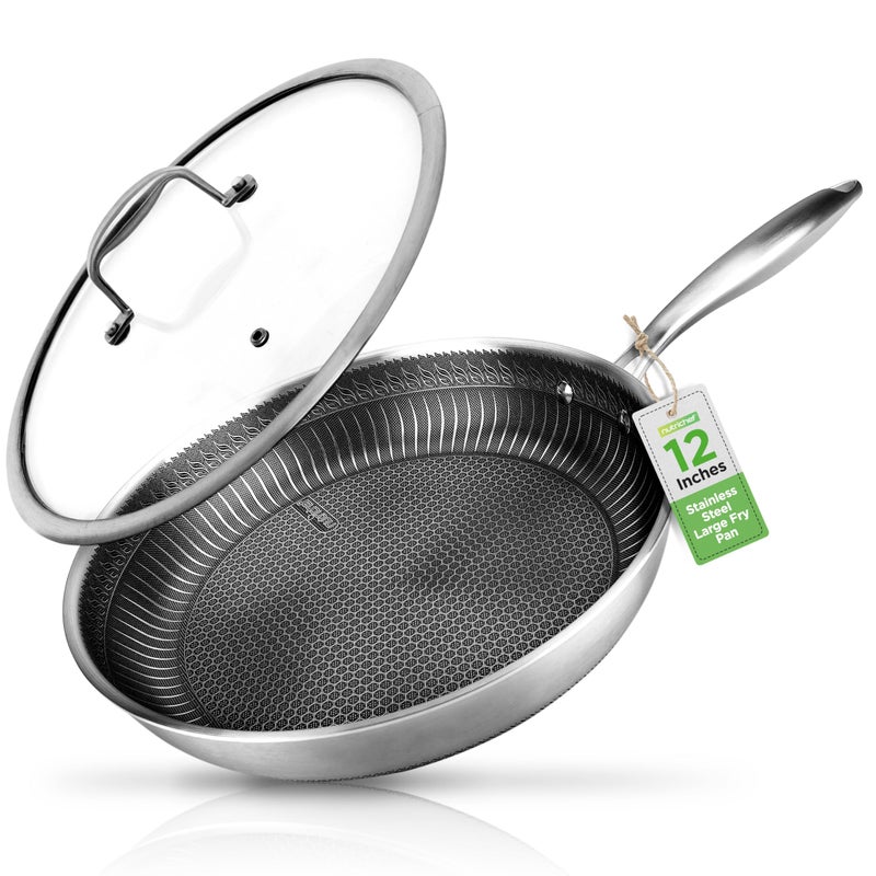 NutriChef 12" Stainless Steel Frying Pan - Triply Hybrid Skillet w/DAKIN Etching Non-Stick Coating, Scratch-resistant Raised-up Honeycomb Fire Textured Pattern, NC3PL12 - Image 1