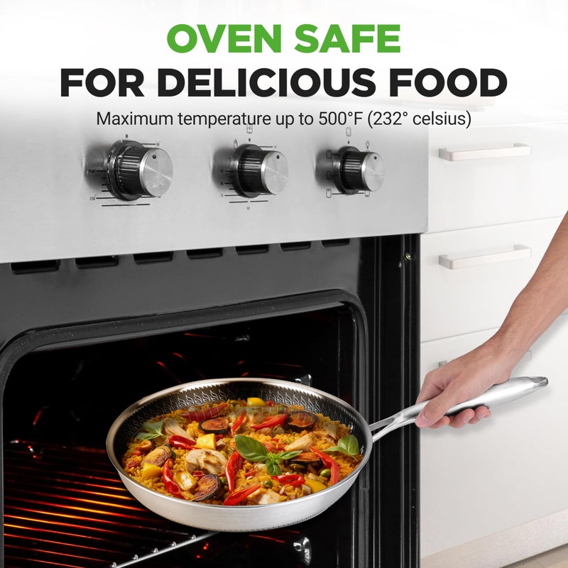 NutriChef 12" Stainless Steel Frying Pan - Triply Hybrid Skillet w/DAKIN Etching Non-Stick Coating, Scratch-resistant Raised-up Honeycomb Fire Textured Pattern, NC3PL12 - Image 3