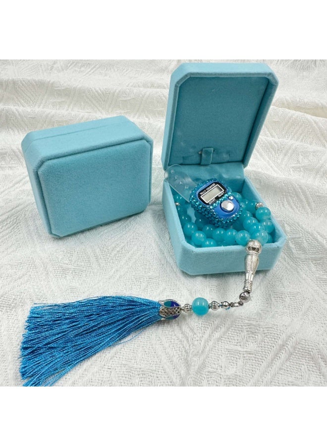 NIBEMINENT Muslim Prayer Beads, 33 Prayer Beads Counter Gift Box Set, Sky Blue/10mm