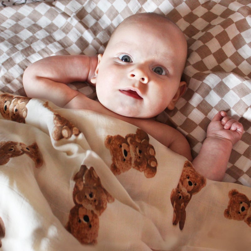 LifeTree Muslin Swaddle Blankets Neutral, Baby Swaddling Wrap Nursery Blanket for Boys & Girls Unisex, Soft 70% Viscose from Bamboo and 30% Cotton, Large 47 x 47 inches, Bear & Checkered Coffee - Image 2
