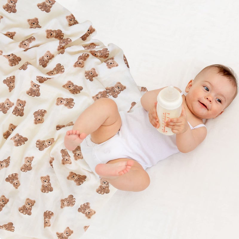 LifeTree Muslin Swaddle Blankets Neutral, Baby Swaddling Wrap Nursery Blanket for Boys & Girls Unisex, Soft 70% Viscose from Bamboo and 30% Cotton, Large 47 x 47 inches, Bear & Checkered Coffee - Image 4