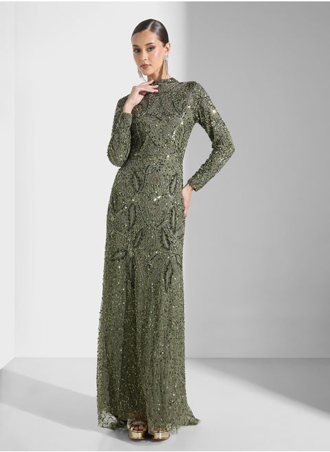 Modest Embellished Sequin Maxi Dress
