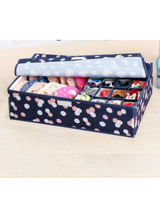 House of Quirk Innerwear Organizer 16+1 Compartment Non-Smell Non Woven Foldable Fabric Storage Box for Closet - (44 x 28 x 12 cm Navy Blue Flower) - Image 2