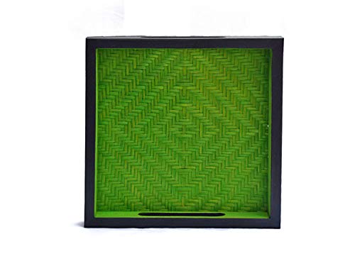 Kadam Haat Handmade Bamboo Square Serving Tray with Handles, Glasses Plate, Tea/Drink Platter, Dinner Serving, Snack Tray | (20cm x 20cm x 3cm, Green & Black) - Image 2