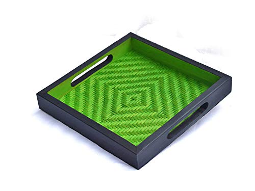 Kadam Haat Handmade Bamboo Square Serving Tray with Handles, Glasses Plate, Tea/Drink Platter, Dinner Serving, Snack Tray | (20cm x 20cm x 3cm, Green & Black) - Image 4