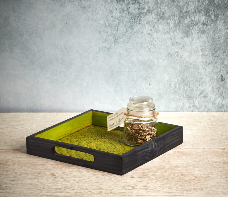 Kadam Haat Handmade Bamboo Square Serving Tray with Handles, Glasses Plate, Tea/Drink Platter, Dinner Serving, Snack Tray | (20cm x 20cm x 3cm, Green & Black) - Image 3