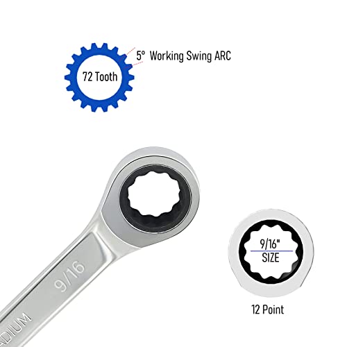 FOCMKEAS 9/16 Inch Ratcheting Combination Wrench SAE 72 Teeth 12 Point Ratchet Box Ended and Open End Spanner Tools for Tight Space, Heat-Treated CR-V - Image 3