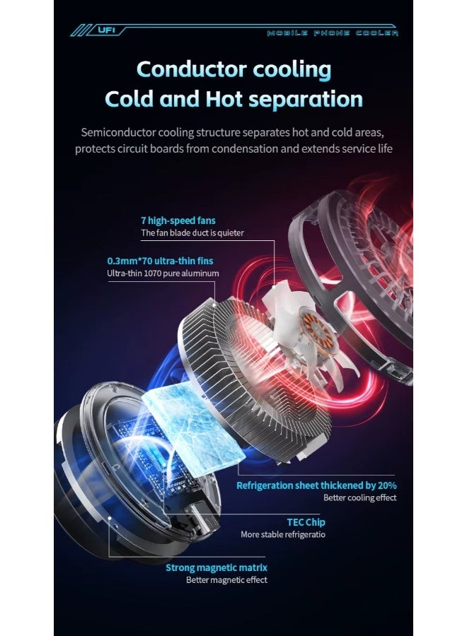 Plextone UF1 Cooling Fan with RGB Lighting Portable Phone Cooler Magnetic Suction RGB Light Mini Semiconductor Cooling Fan for Gaming - Image 3