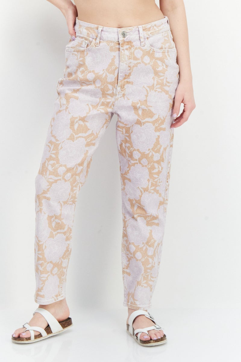 RIVER ISLAND Women Mom Fit Floral Pattern Denim Jeans, Purple - Image 1