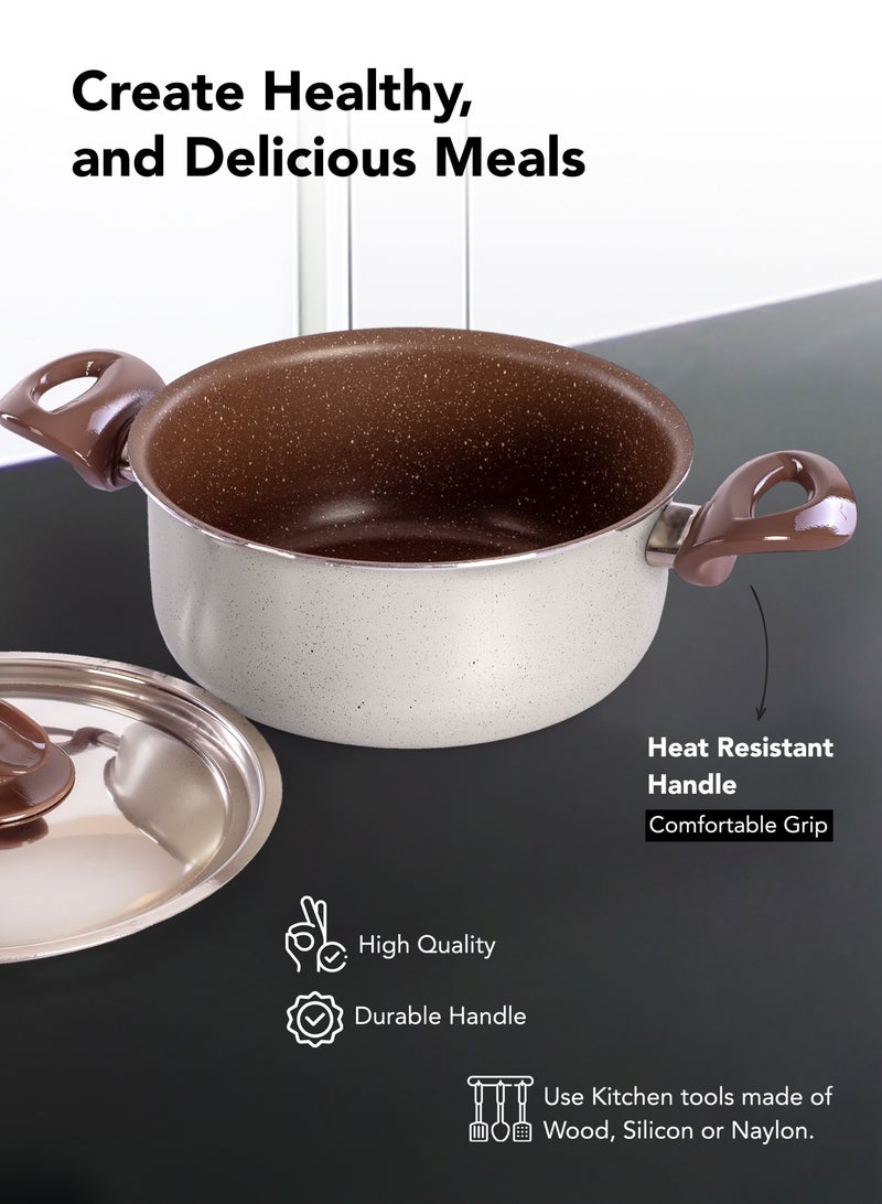 Grandi 8 Piece Cookware Set - Aluminum Pots And Pans - Non-Stick Surface - Bakelite Handles -Stainless Steel Lids - PFOA Free - white Brown and beige granite - Image 4