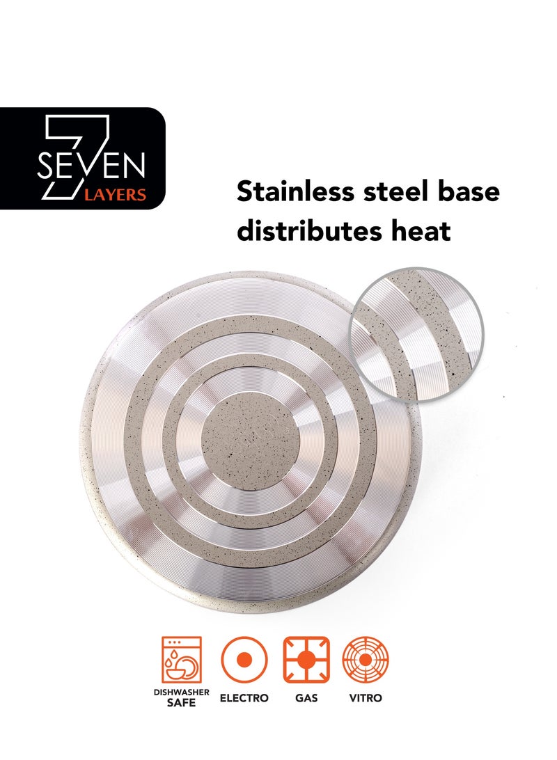 Grandi 8 Piece Cookware Set - Aluminum Pots And Pans - Non-Stick Surface - Bakelite Handles -Stainless Steel Lids - PFOA Free - white Brown and beige granite - Image 5