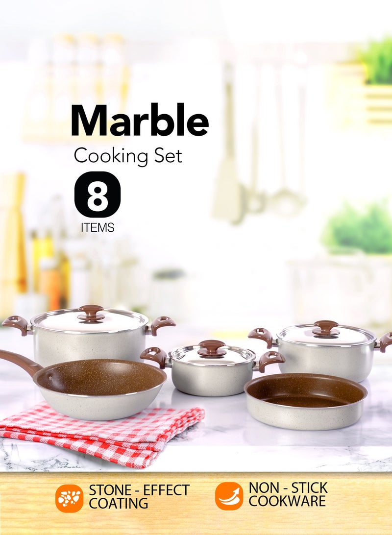 Grandi 8 Piece Cookware Set - Aluminum Pots And Pans - Non-Stick Surface - Bakelite Handles -Stainless Steel Lids - PFOA Free - white Brown and beige granite - Image 1