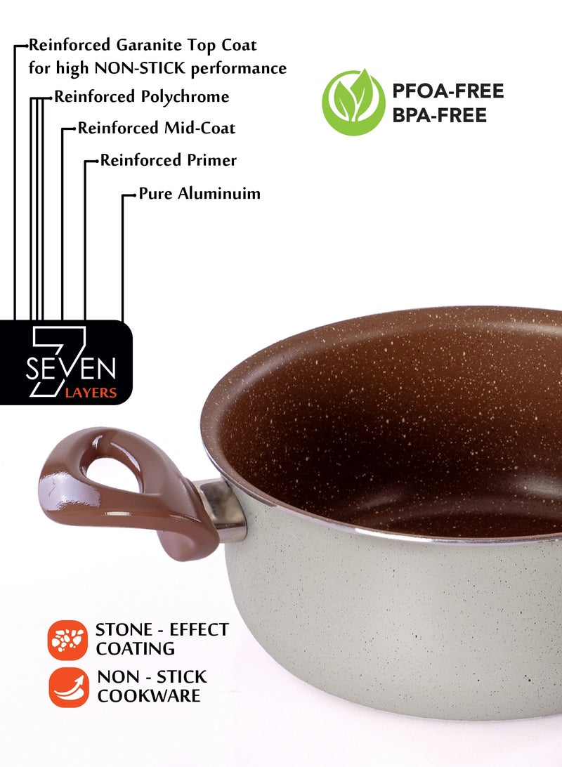 Grandi 8 Piece Cookware Set - Aluminum Pots And Pans - Non-Stick Surface - Bakelite Handles -Stainless Steel Lids - PFOA Free - white Brown and beige granite - Image 3