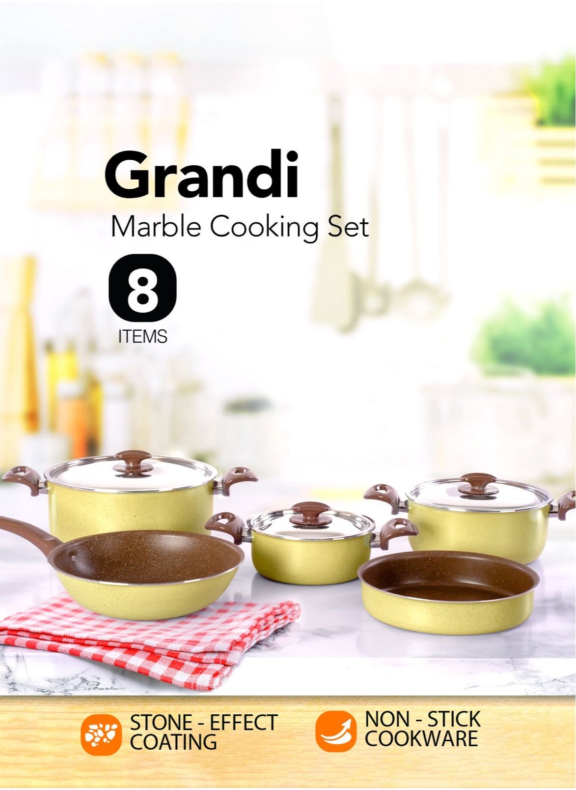 8 Piece Cookware Set - Aluminum Pots And Pans - Non-Stick Surface - Bakelite Handles -Stainless Steel Lids - PFOA Free - Brown and beige granite 