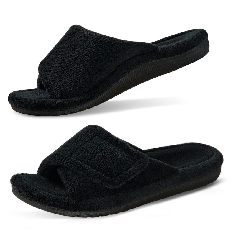 GRITHEIM Women's Orthotic Arch Support Slippers Fuzzy Adjustable Orthopedic Slippers for Plantar Fasciitis Furry Slide Slippers for Ladies black 6 - Image 1