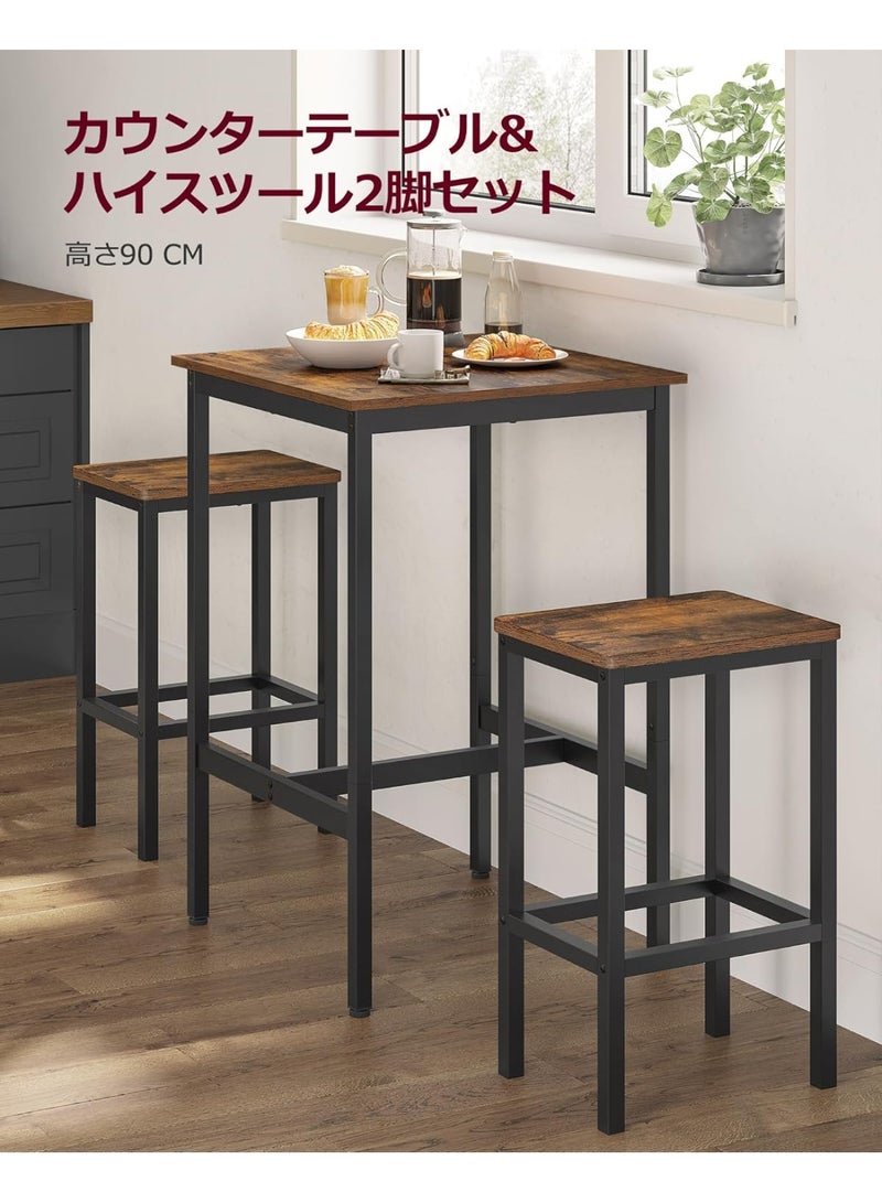3-Piece Bar Table and Stools Set, Industrial High Table with 2 Chairs, Space-Saving Dining Set for Kitchen, Breakfast Nook, Home Bar – Rustic Brown & Black - Image 4