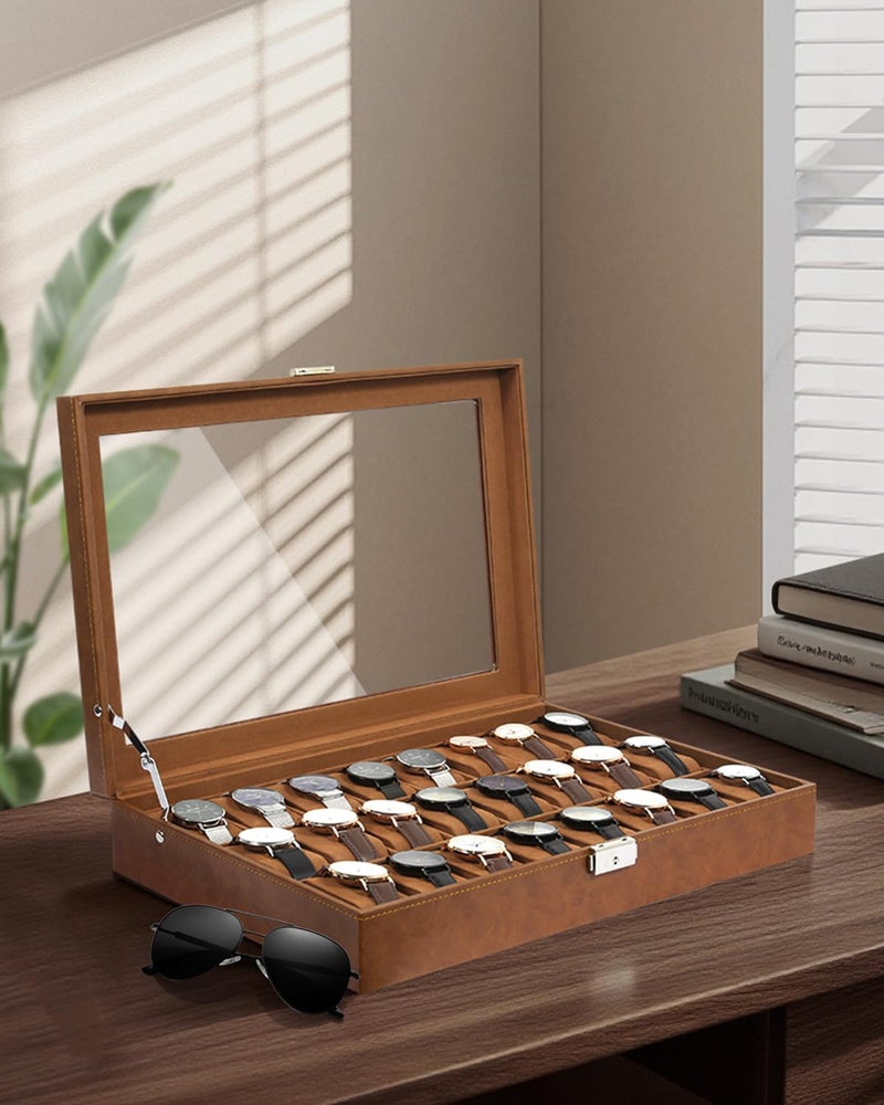 Uten 24-Slot Watch Box, PU Leather Watch Case with Glass Lid, Watch Holder Organizer with Soft Pillow and Velvet Lining, Watch and Jewelry Storage Box, Brown - Image 2