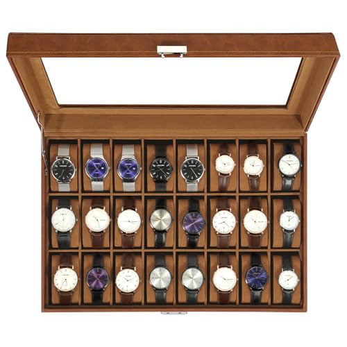 Uten 24-Slot Watch Box, PU Leather Watch Case with Glass Lid, Watch Holder Organizer with Soft Pillow and Velvet Lining, Watch and Jewelry Storage Box, Brown - Image 1
