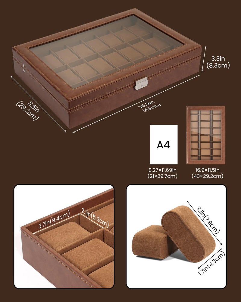 Uten 24-Slot Watch Box, PU Leather Watch Case with Glass Lid, Watch Holder Organizer with Soft Pillow and Velvet Lining, Watch and Jewelry Storage Box, Brown - Image 3