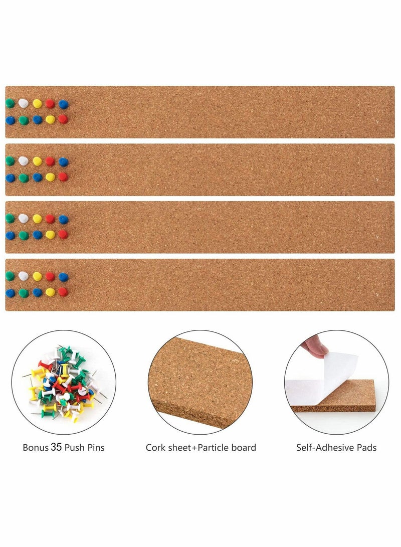 Cork Board, Bulletin Board Bar Strip, 15"" x 2""- 1/2"" Thick, Frameless Cork Board Strips, with 35 Multi-Color Push Pins, Strong Self Adhesive Backing - 4 Pack - Image 4