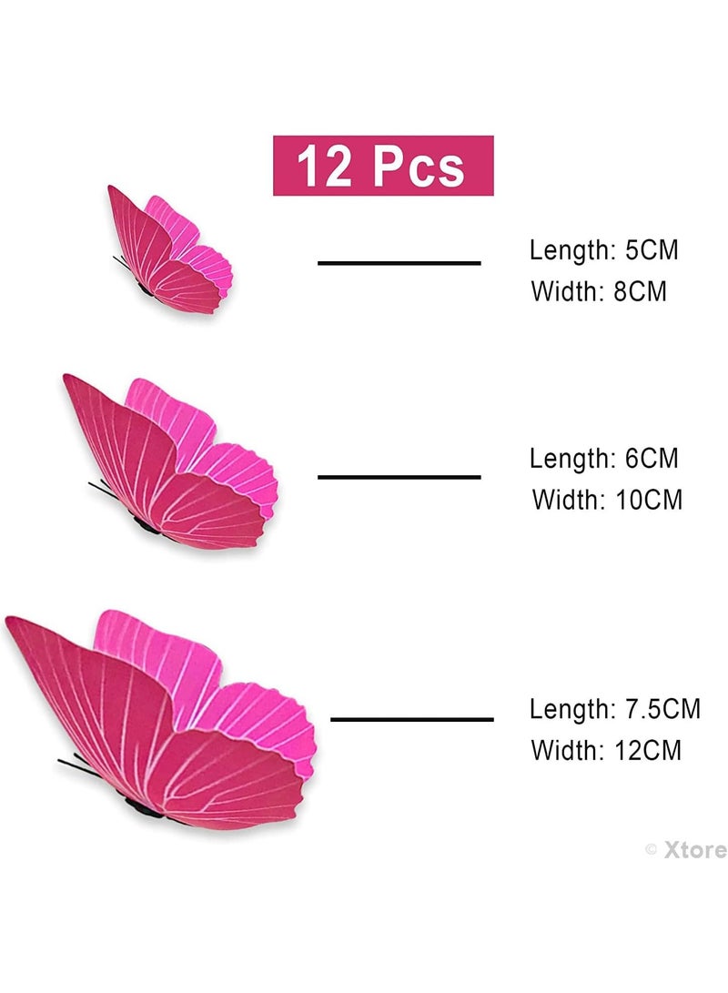Xtore 12pcs 3D Home Decor Pink Butterfly | Beautiful Decor Item | Comes with Sticking pad - (Set of 12, Shaded Pink) - Image 1