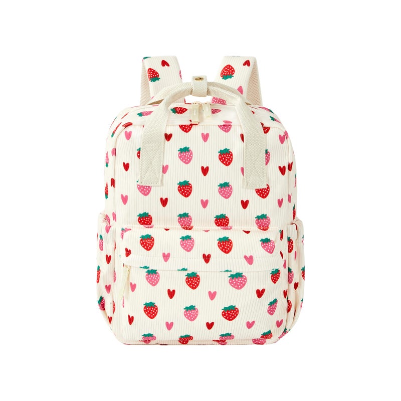 KingCheer Mini Corduroy Backpack Bookbag School Bag for Toddlers Girls and Boys Preschool Daycare Kindergarten 13'' H Lightweight Fits for Folder(Strawberry-Beige Corduroy) - Image 1