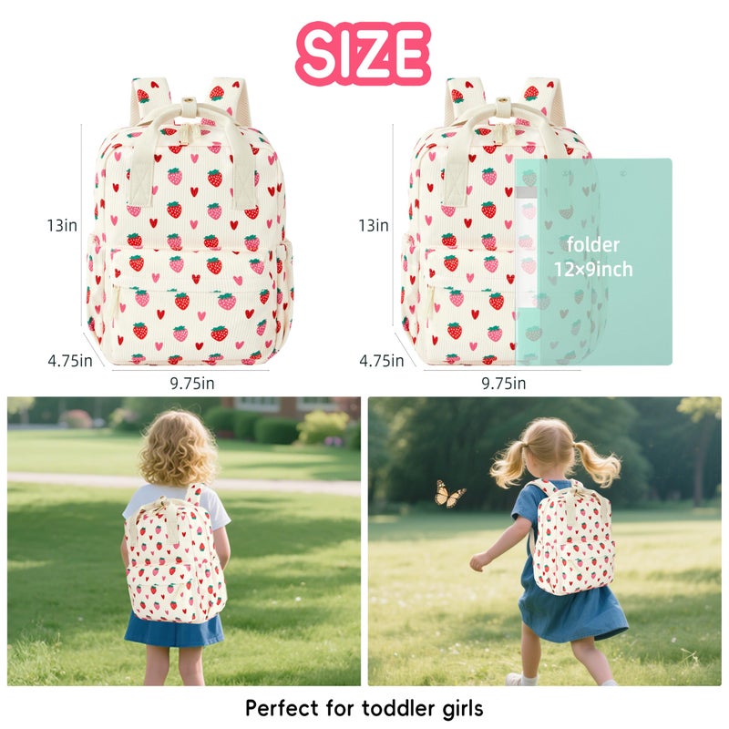 KingCheer Mini Corduroy Backpack Bookbag School Bag for Toddlers Girls and Boys Preschool Daycare Kindergarten 13'' H Lightweight Fits for Folder(Strawberry-Beige Corduroy) - Image 3